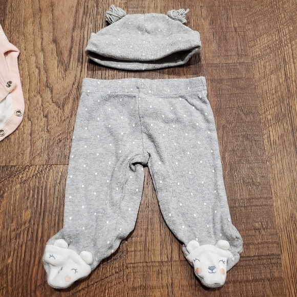Carters Baby Cotton Matching Set Pink Gray Bear Bodysuit Polka Dot Leggings Hat - Picture 12 of 14